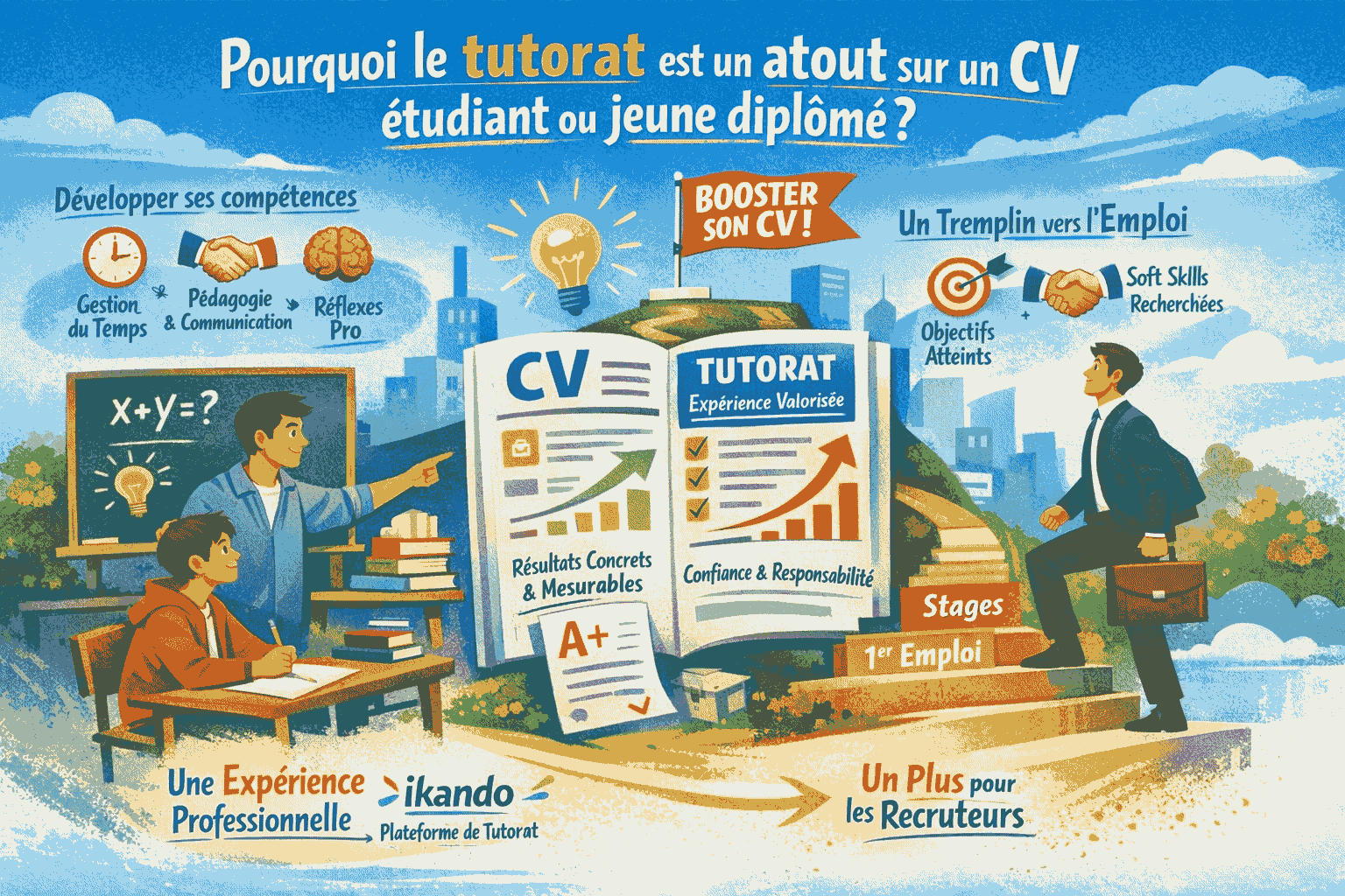 Illustration montrant pourquoi le tutorat est un atout sur le CV &eacute;tudiant, avec d&eacute;veloppement de comp&eacute;tences et exp&eacute;rience professionnelle valoris&eacute;e